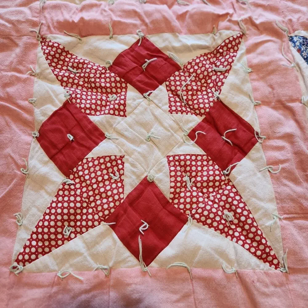 Ohio Star 1940s Feedsack Scrappy Quilt Hand Tied Vintage Folk Art Depression Era